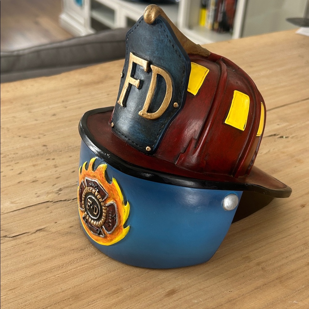 Ceramic Firefighter Helmet Planter in Red and Blue
